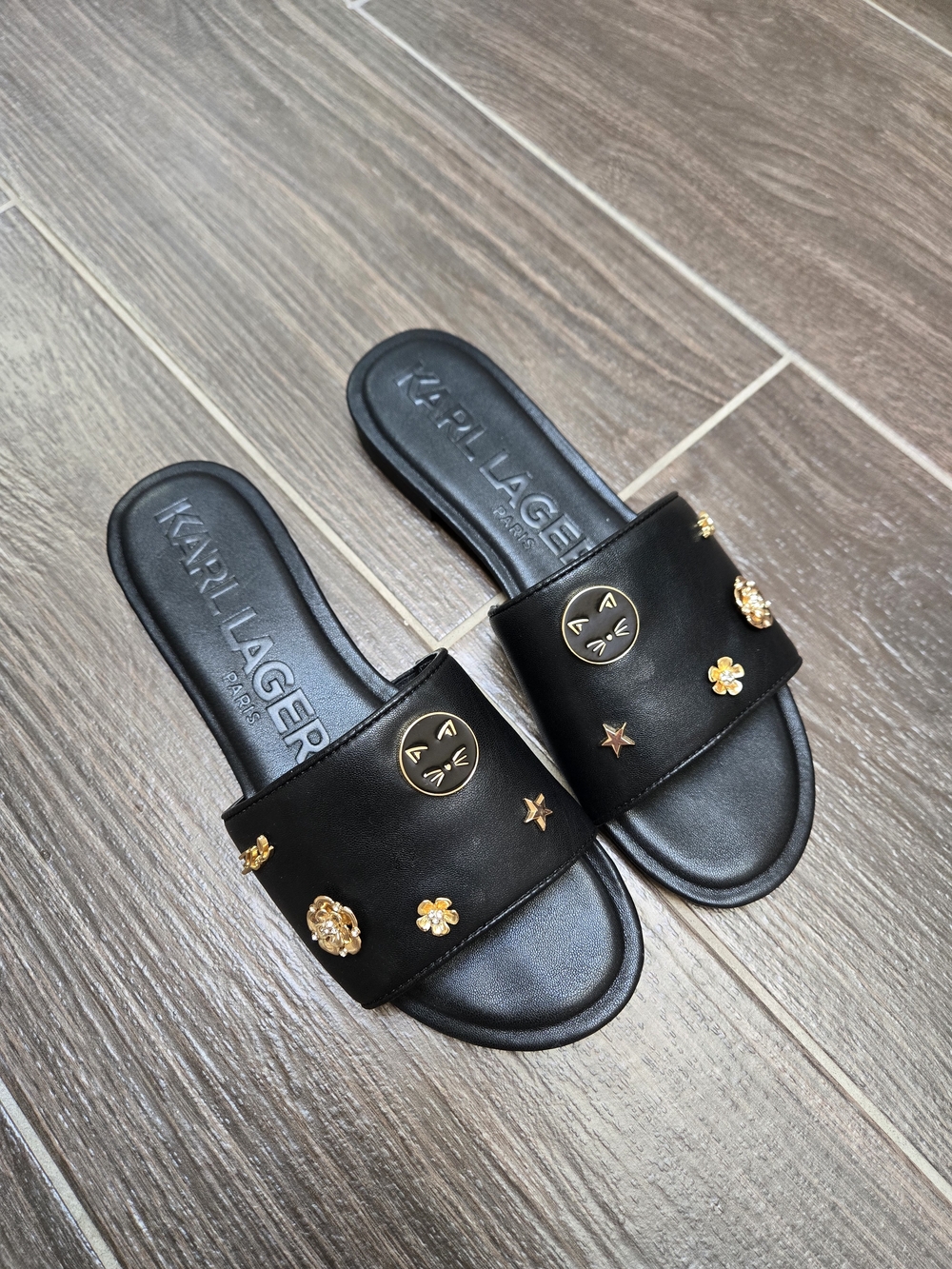 Karl Lagerfeld Black Slide with Gold Cat & Floral Studs